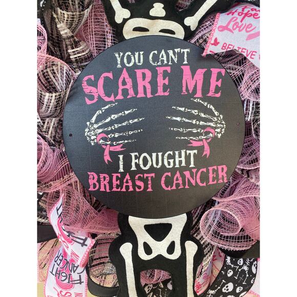 Halloween Breast Cancer Awareness Wreath – Skeleton “You Can’t Scare Me” Decor - Picture 4 of 10